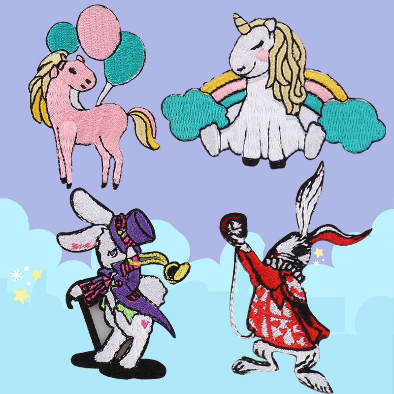 自粘款儿童卡通独角兽与爱丽丝时尚百搭衣服包包装饰贴花修补