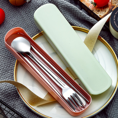 Korean cute portable stainless steel tableware set with chopsticks, spoon, and fork, three-piece set, student travel chopstick spoon case