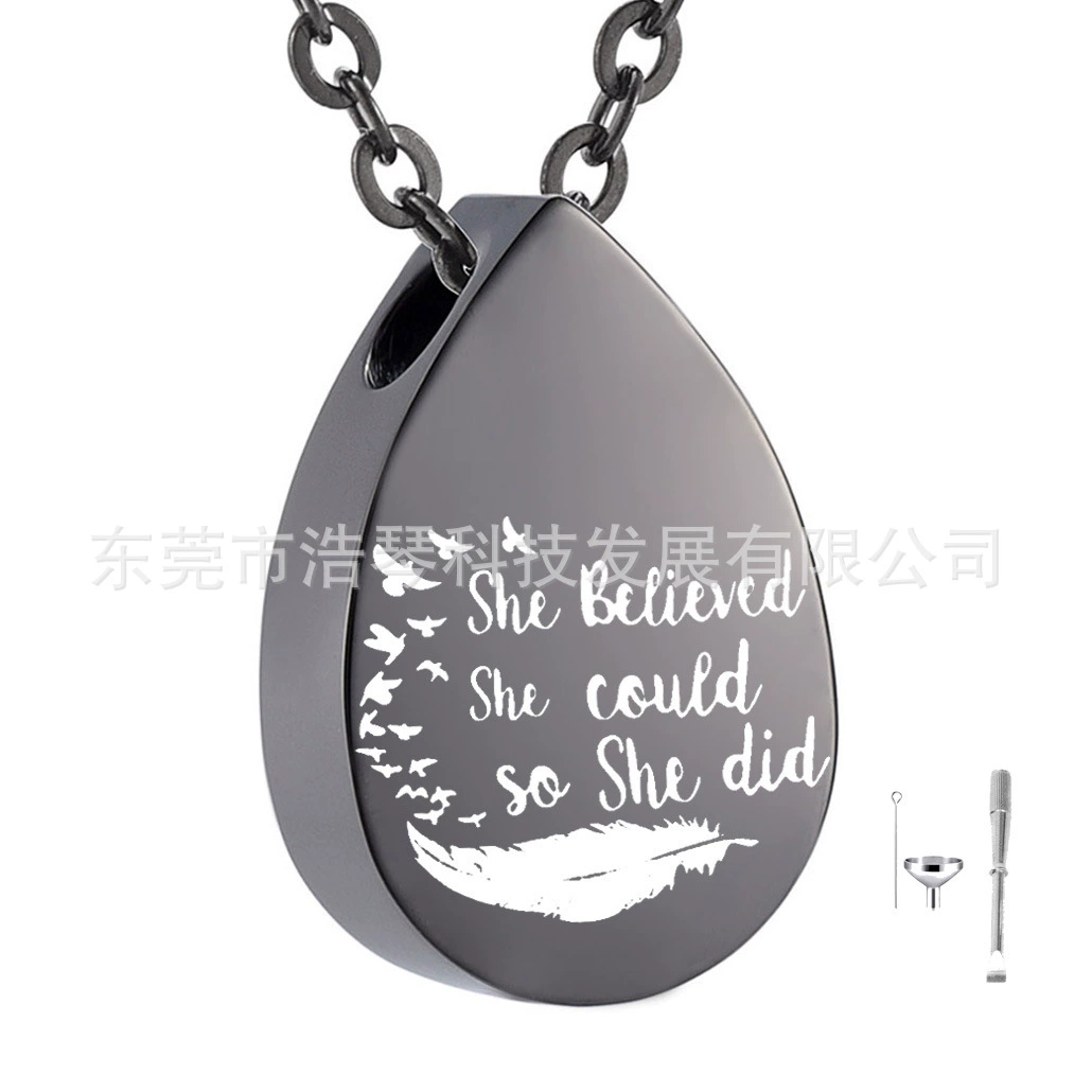 Трансграничное новое ожерелье из пепла для домашних животных черное каплевидное перо Пепел кулон ювелирные изделия для кремации флакон духов