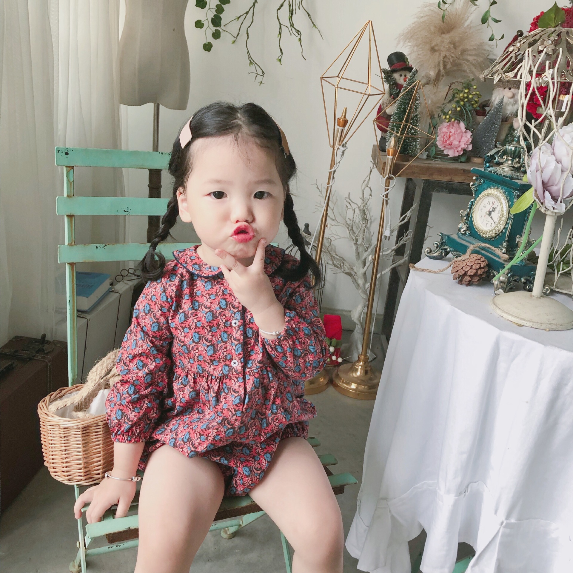 19 autumn and winter cbc children's clothing girls retro jumpsuit baby's floral long sleeve jumpsuit