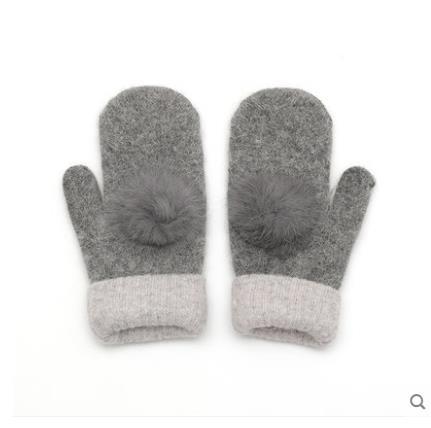手套女 冬可爱全指羊毛手套双层加厚韩版连指兔毛球卡通手套