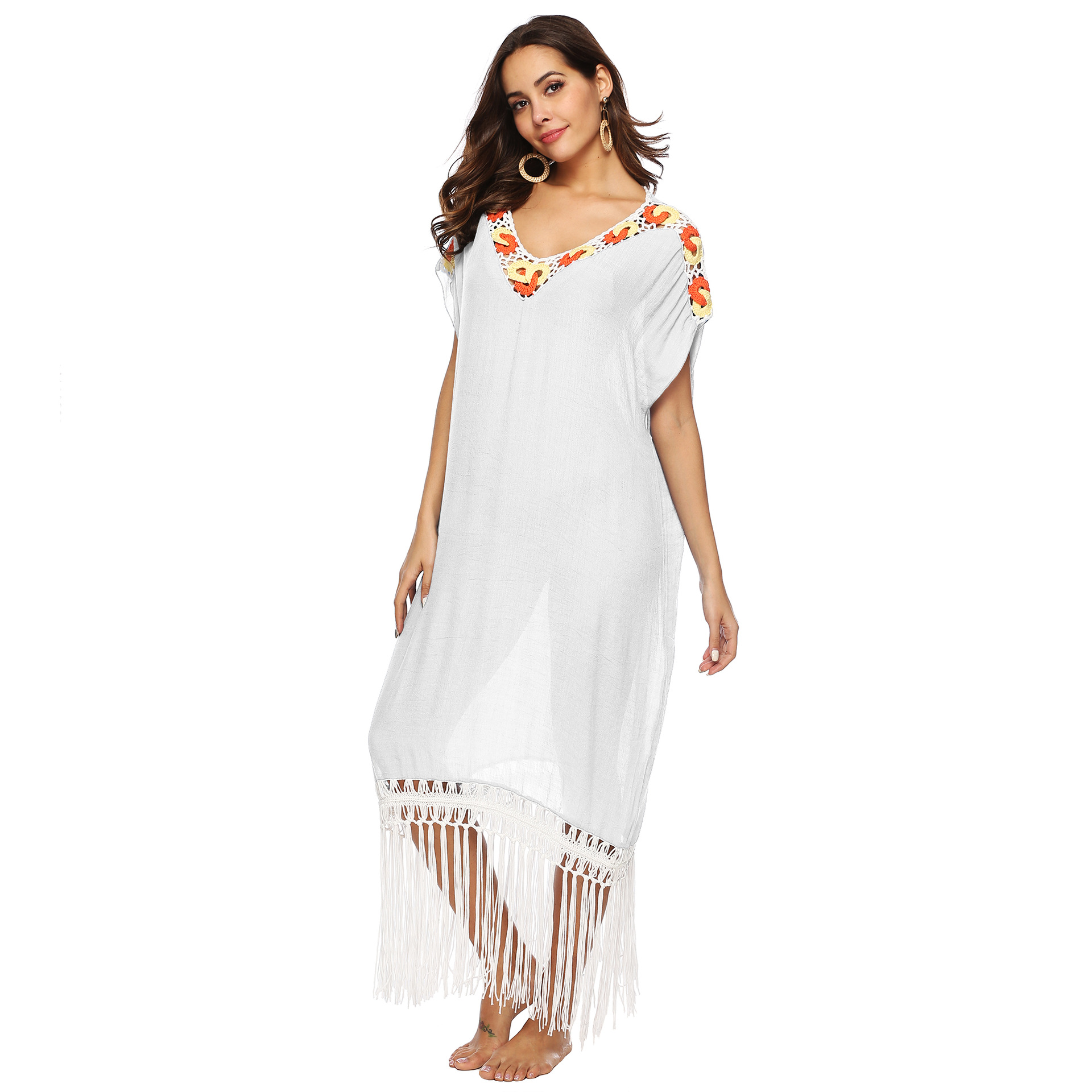 Bohemian Crochet Patchwork Maxi Dress Loose Fit Short Sleeve V Neck Tassel Detail Beachwear for Summer OEM