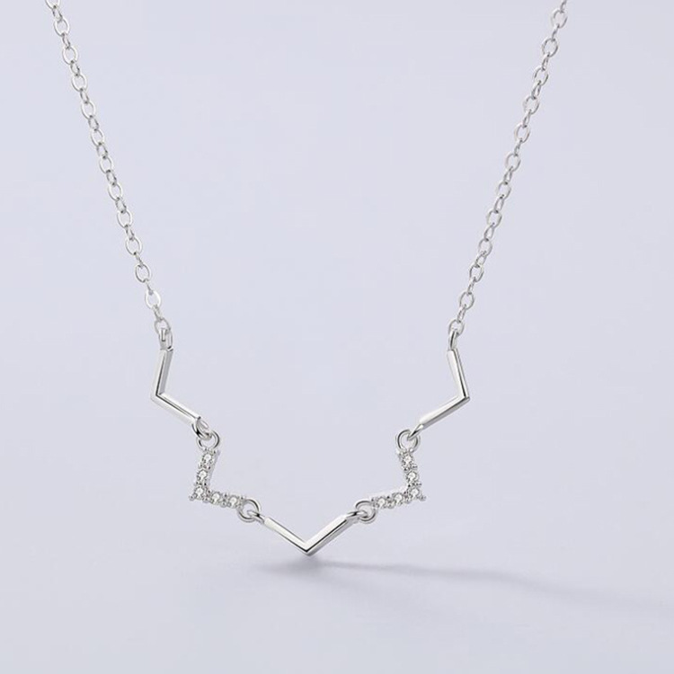 s925 Sterling Silver Geometry V word Necklace Korean Edition temperament fashion Diamond Heartbeat Frequency Broken line clavicle gift