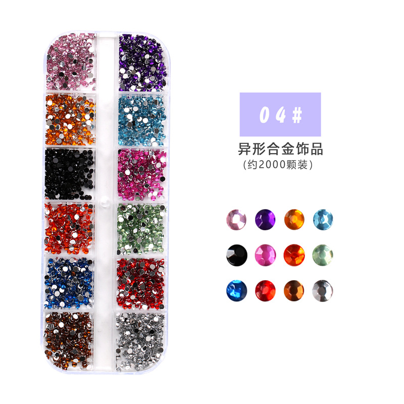 Nueva joyería de uñas accesorios de diamantes 12 cuadrícula en caja de lentejuelas de aleación de joyería de ojo de caballo remache perla rhinestone joyería