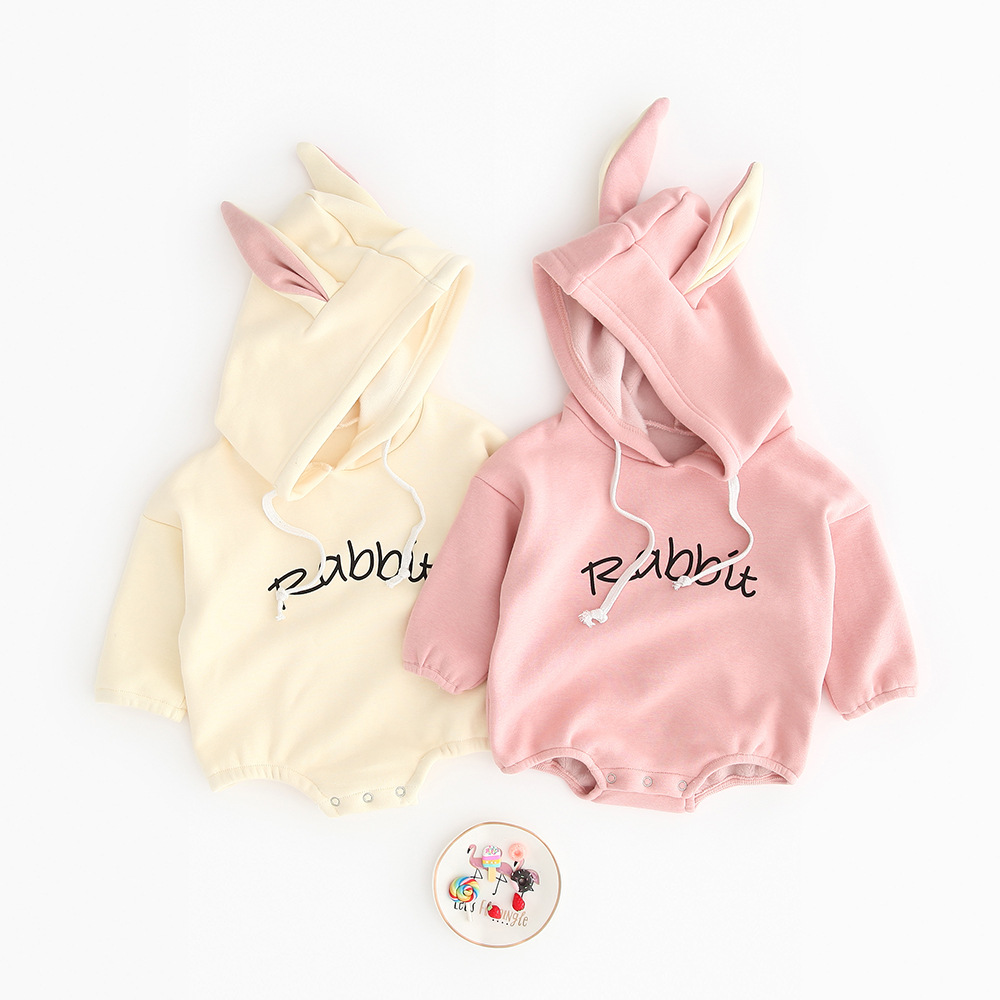 2019春款薄絨嬰兒服裝 連帽INS風格小兔子耳朵可愛連體衣韓風爬服