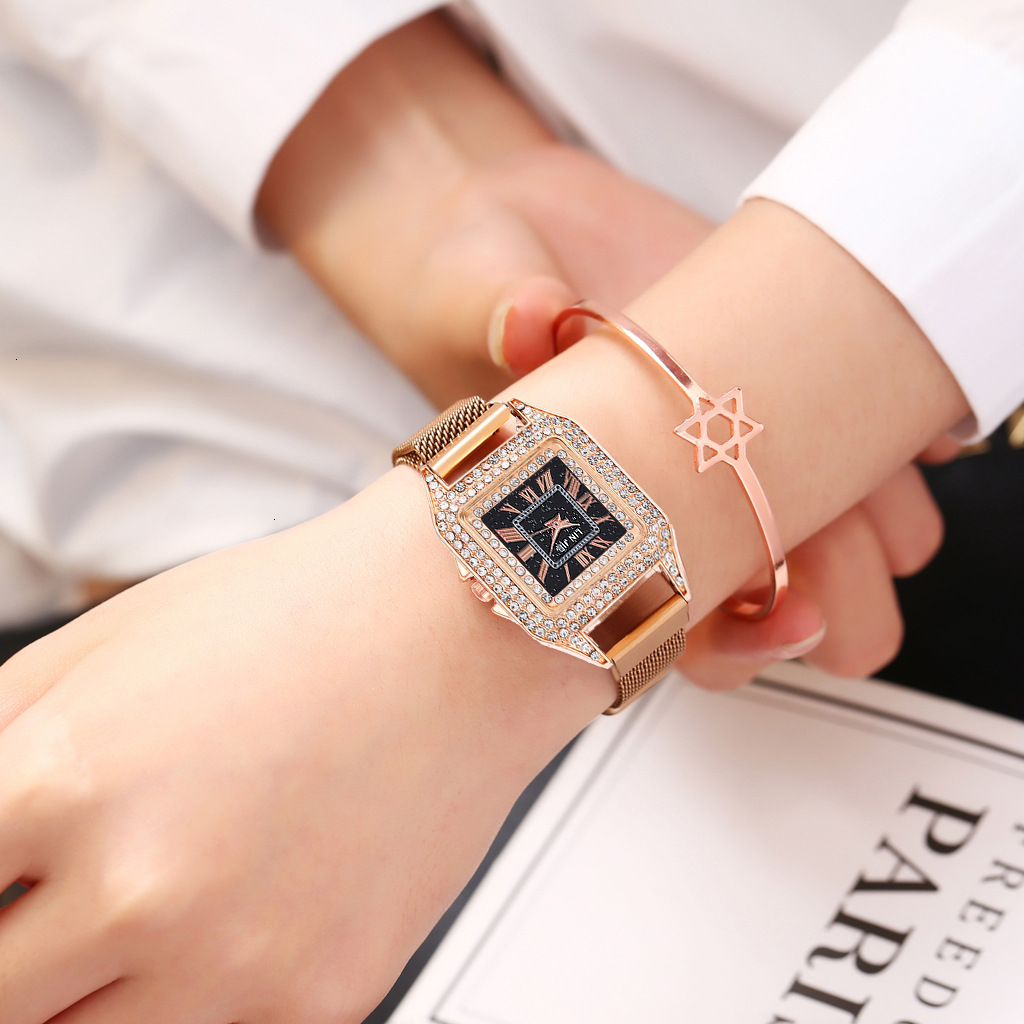 Suction Stone Magnet Mesh Watch Starry Diamond Rectangle Roman Scale Lady Bracelet Watch display picture 10