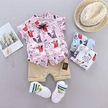 跨境童装夏季新款童装男女童婴儿童套装棉麻衬衫短袖套装两件套潮