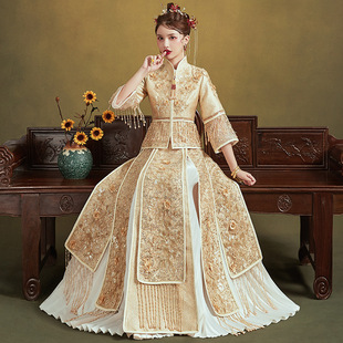 Golden Xiuhe Dress Bride 2019 New Chinese Bride Dress Shake Tone Same Style Toasting Dress Dragon and Phoenix Jacket Phoenix Crown