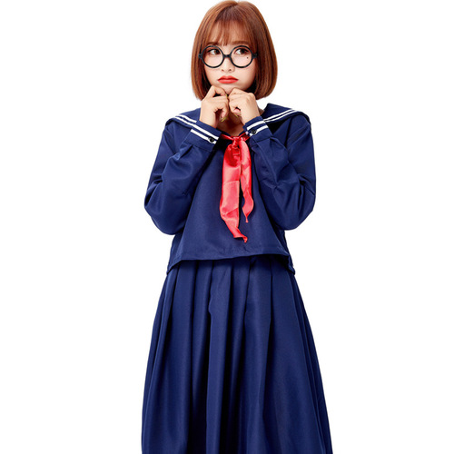 Adult women's Japanese navy sailor uniform dark blue split long sleeve v-neck Japanese school uniform with red scarf