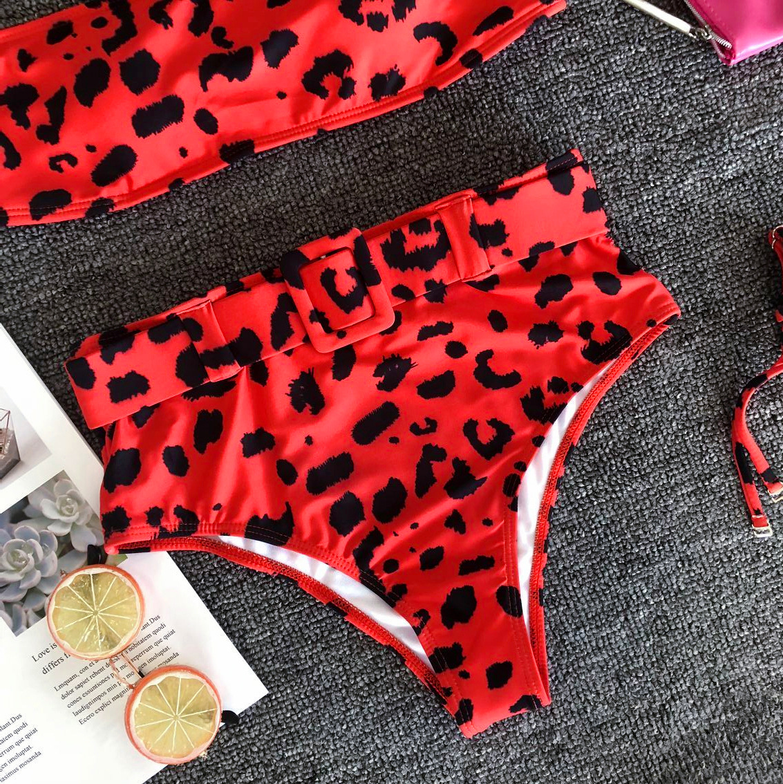 sexy red leopard tube top metal buckle belt high waist bikini two-piece swimsuit nihaostyles wholesale clothing NSCMB97583