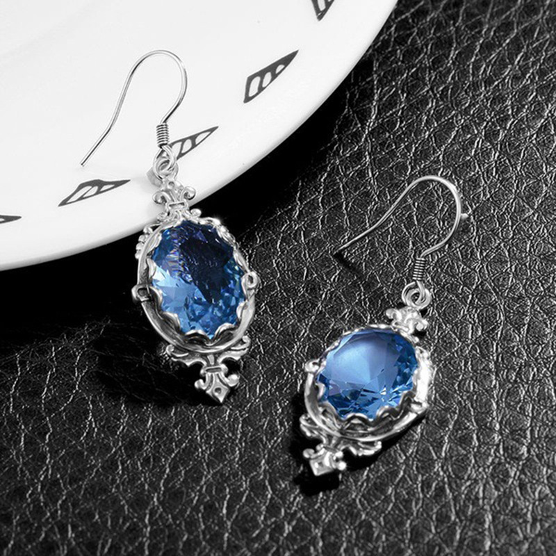 Zhen Rong wish new s925 silver plated topaz aquamarine zirconium earrings European and American vintage Thai silver women's earrings