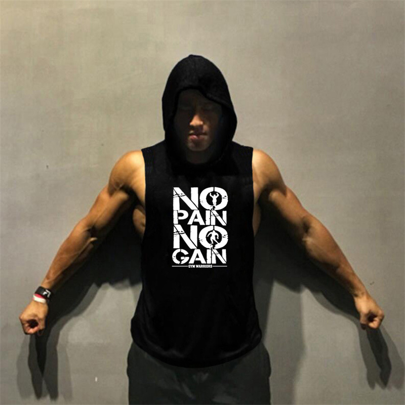 Foreign Trade Hot Sale Muscle Men Bodybuilding Fitness Waistcoat Hooded Sports Vest Running Loose Training Sleeveless T-Shirt