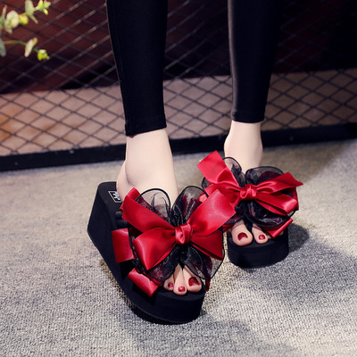 Like a breath of fresh air Korean Edition Sweet bow flip flops Flat bottom non-slip soft sole leisure time Flip sandals and slippers Flat heel