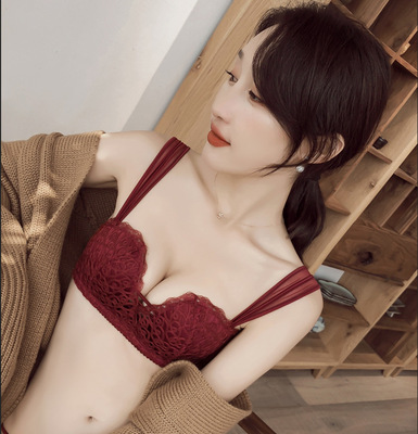新款日系无钢圈内衣女聚拢防下垂调整型无痕半杯胸罩蕾丝文胸套装|ru