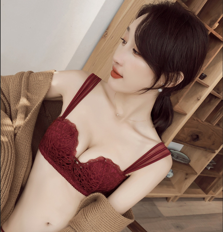 新款日系无钢圈内衣女聚拢防下垂调整型无痕半杯胸罩蕾丝文胸套装|ru