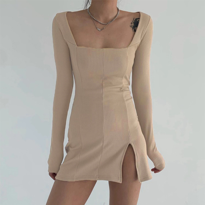 Open clavicle square neck slit dress wom...