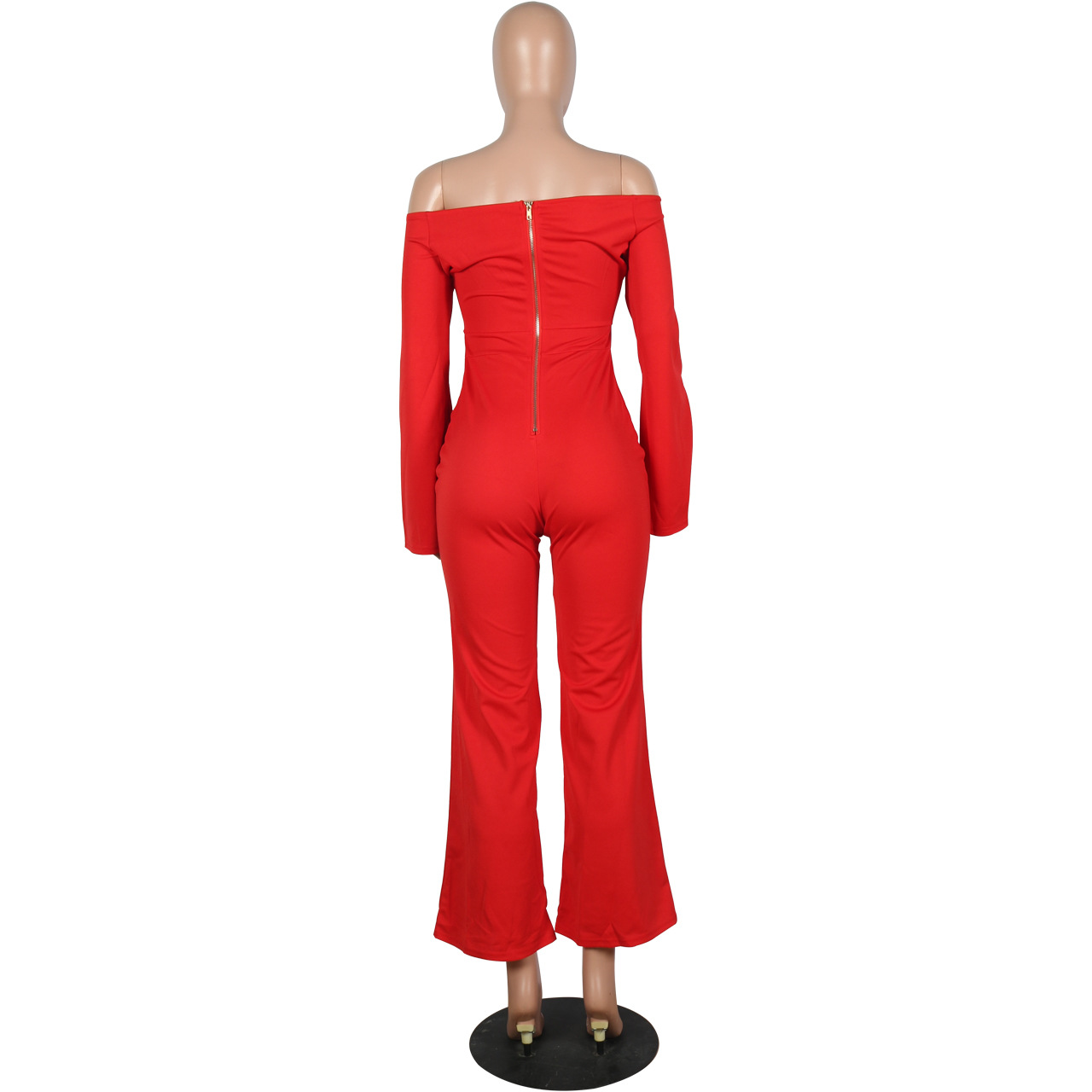 Boutique Casual Solid Color Long Sleeves Cropped off Shoulder Jumpsuit