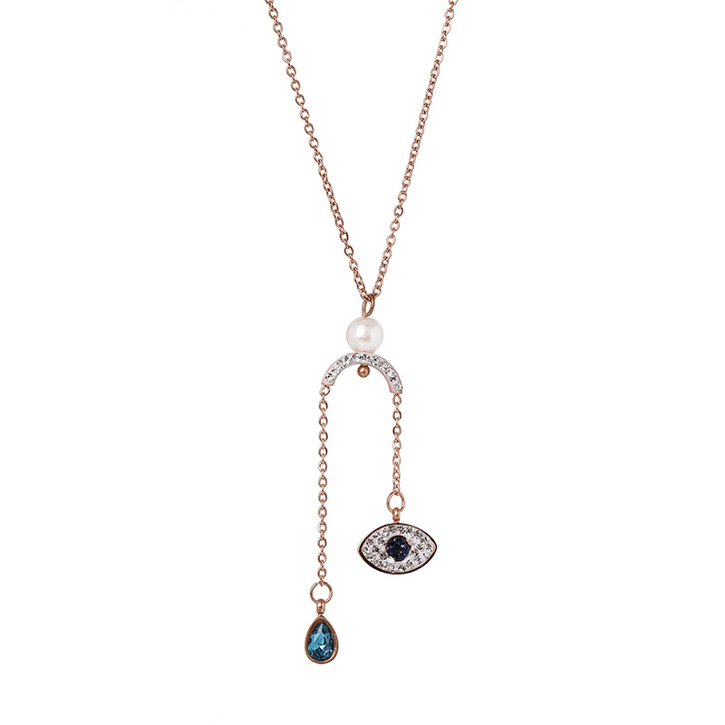Devil&#39;s Eye Necklace Pearl Inlaid Blue Diamond Eye Necklace Female Back Cover Micro Inlay Pendant Clavicle Chain display picture 5