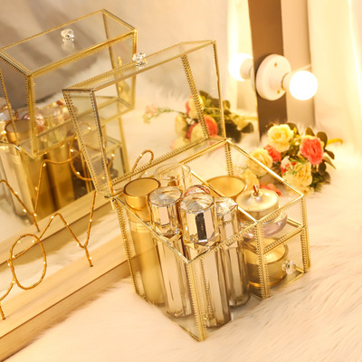 多功能带盖玻璃化妆品收纳盒桌面护肤品口红化妆刷整理盒置物架|ms