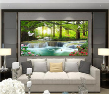 简约4D壁画休闲绿色大树森林瀑布山水工装背景墙