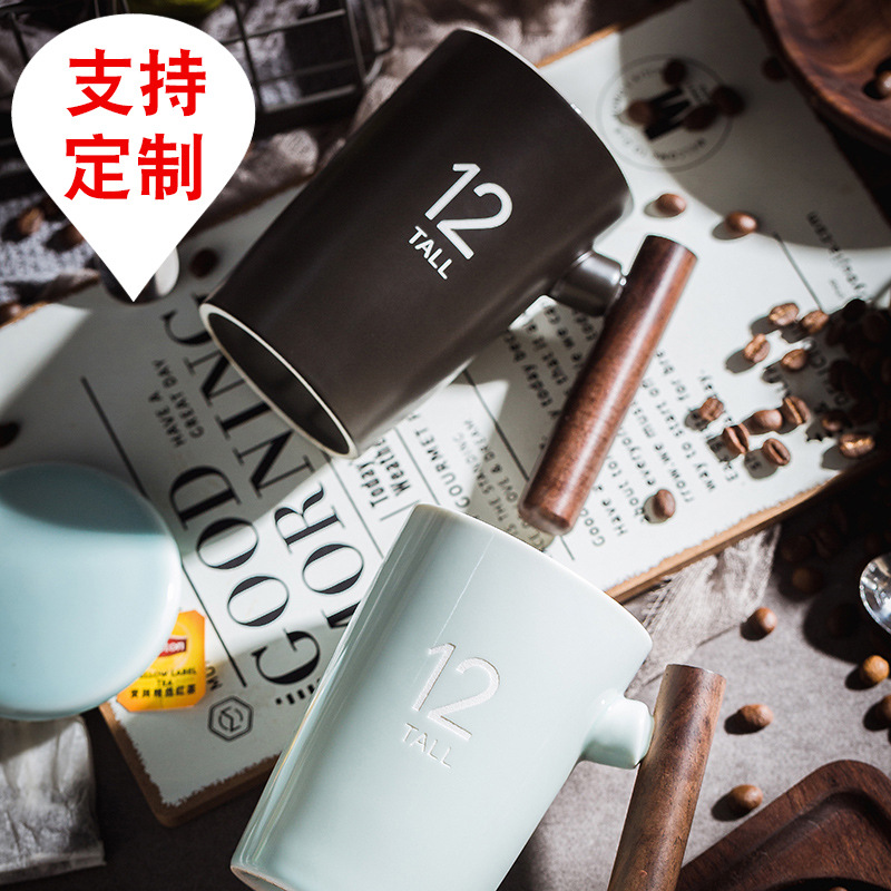 Taza de madera tallada personalizada taza de cerámica taza de café con tapa cuchara taza de leche logotipo impreso regalos