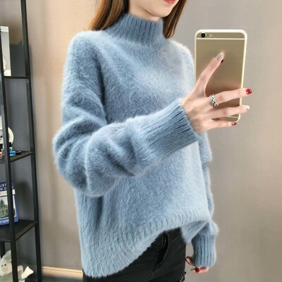 2020秋季女装半高领纯色毛衣打底衫宽松套头外套仿貂绒加厚套头衫