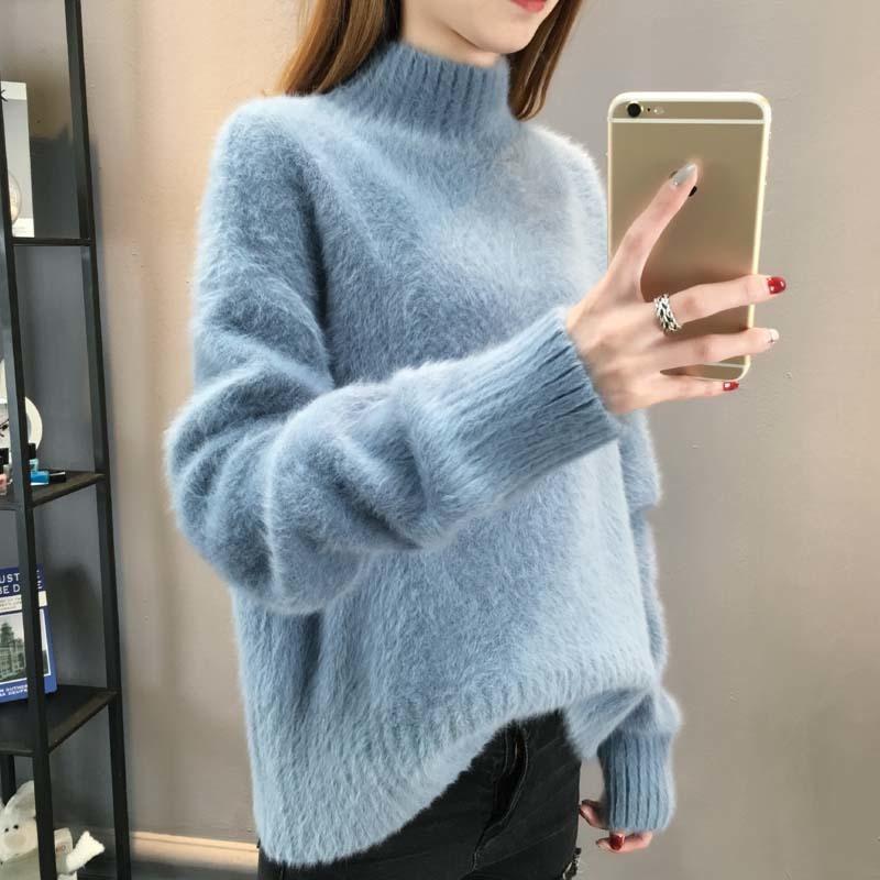 2020秋季女装半高领纯色毛衣打底衫宽松套头外套仿貂绒加厚套头衫