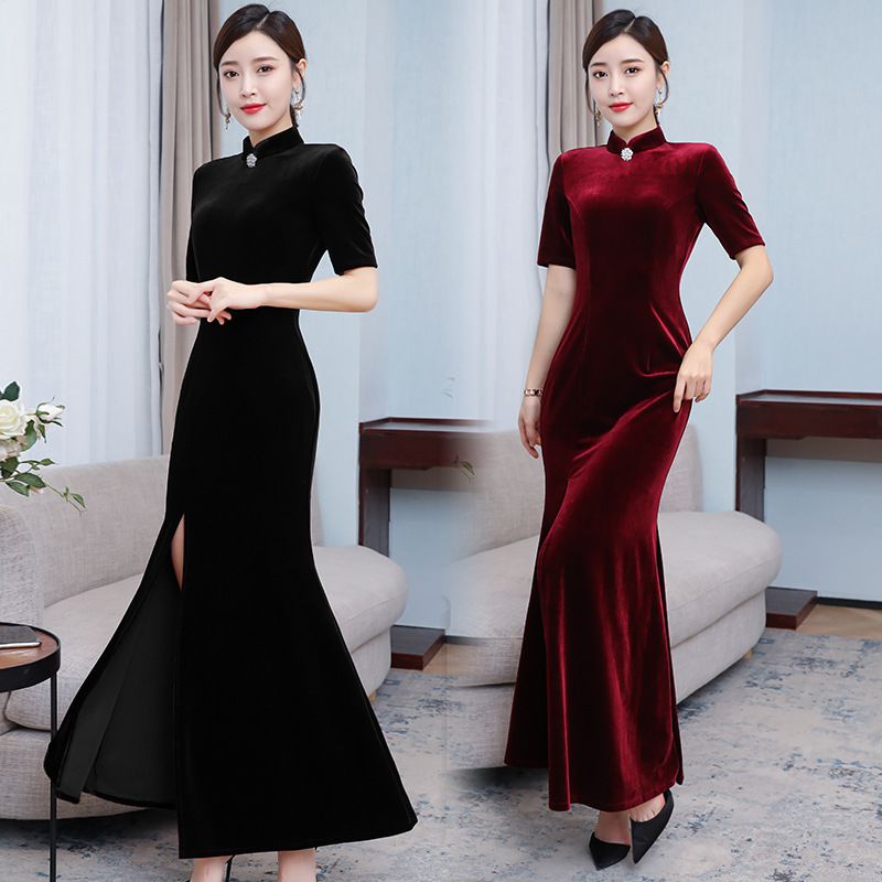 旗袍年轻款黑色丝绒鱼尾裙气质中长款晚礼服改良版连衣裙