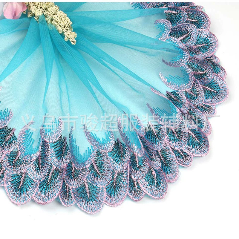 JunChao Lace: Golden Wire Mesh Peacock Feather Embroidered Lace Trim for Textiles, Crafts, and Dolls