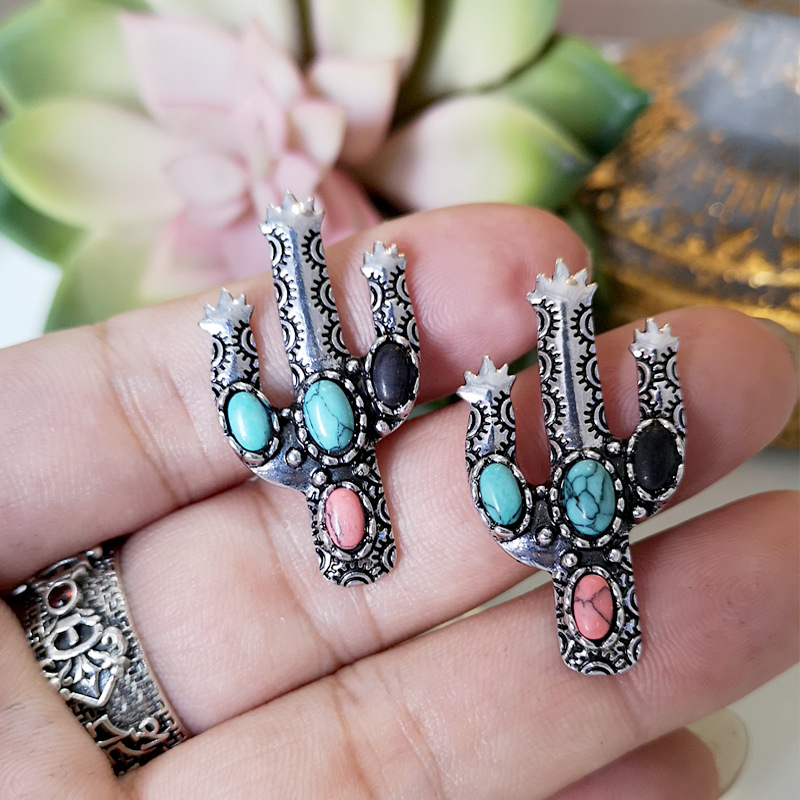 New Retro Cactus Earrings Inlaid Colorful Turquoise Exaggerated Earrings Wholesale display picture 2