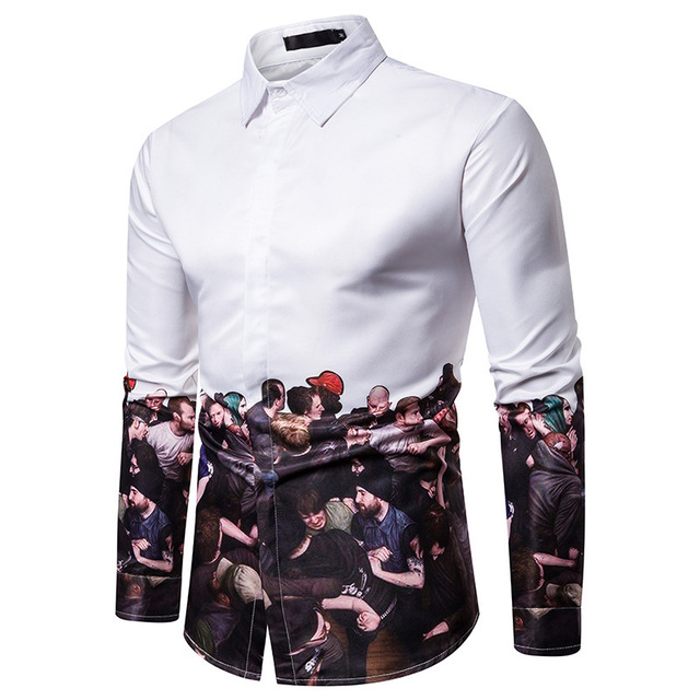 Men’s abstract character Print Long Sleeve Shirt Lapel shirt