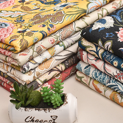 廠家直銷 沙發布料面料仿麻加厚棉麻布 印花田園風格中式亞麻布料