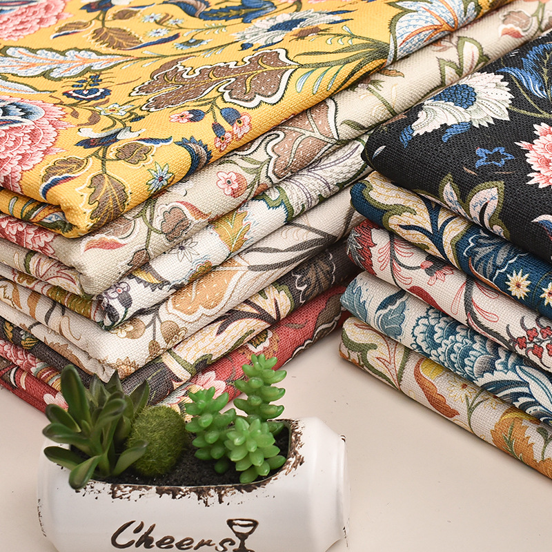 廠家直銷 沙發布料面料仿麻加厚棉麻布 印花田園風格中式亞麻布料