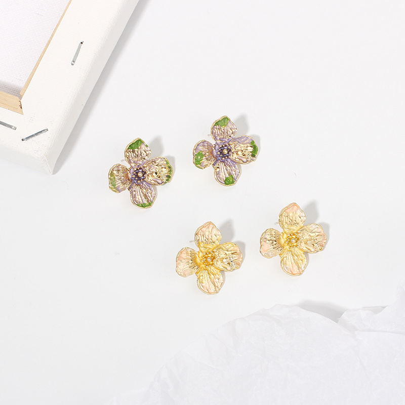 12g Weight Earrings Classification Wedding, Travel Occasion Women'S Gender Purple, Yellow Color Korean Fashion Dripping Oil Flower Earrings 1