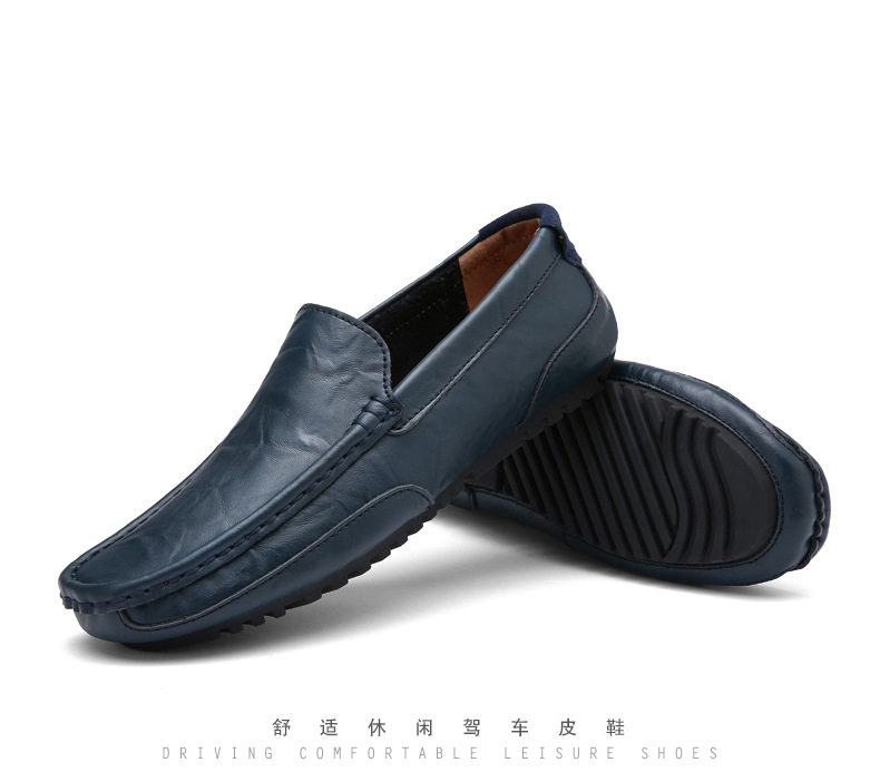 Giày lười nam da bò thật kiểu lái xe mũi tròn đế bệt, thoáng khí quanh năm — màu xanh lam, màu đen, xanh lam lót nhung, Màu nâu chi tiết 37