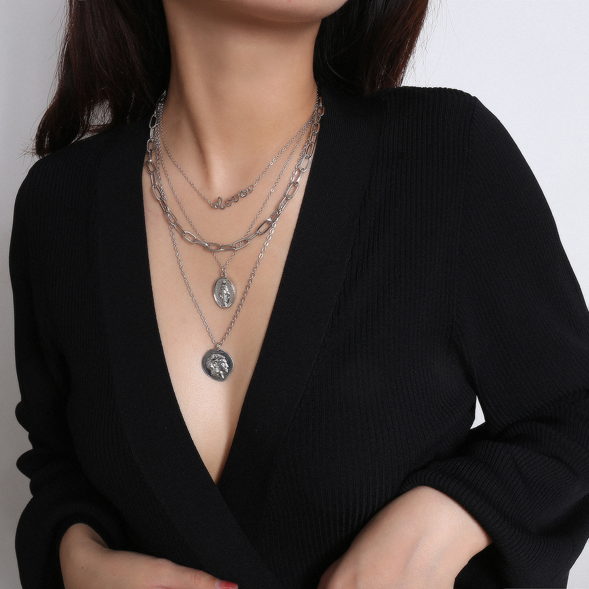 欧美跨境饰品 个性浮雕love字母项饰女 复古叠搭时尚多层人像项链