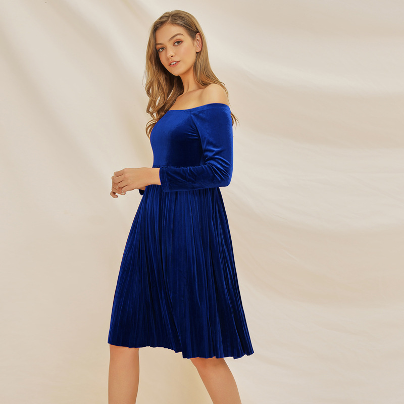 elegant one-shoulder velvet pleated dress  NSSE36059