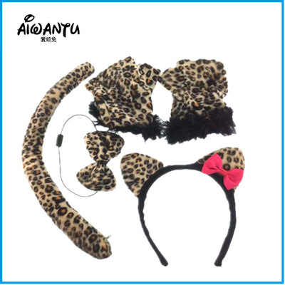 豹纹发箍新款儿童头箍豹纹尾巴豹纹领结豹纹手套四件套万圣节发箍|ms