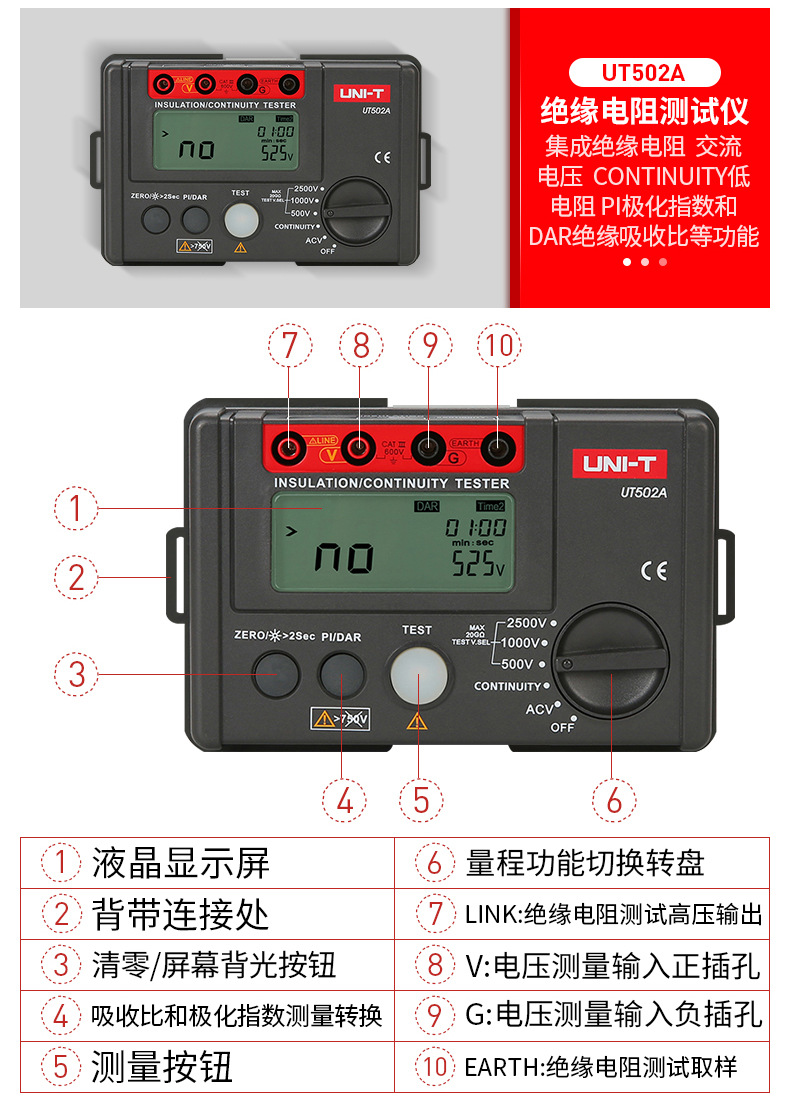 【厂家授权】UNI-T优利德UT502A数字兆欧表UT501A绝缘电阻测试仪