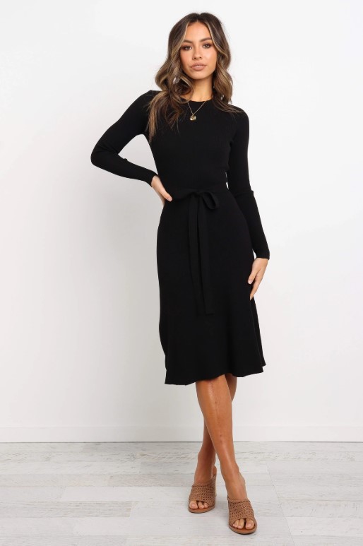 round neck long-sleeved lace-up solid color dress knitted mid-length skirt NSYD3720