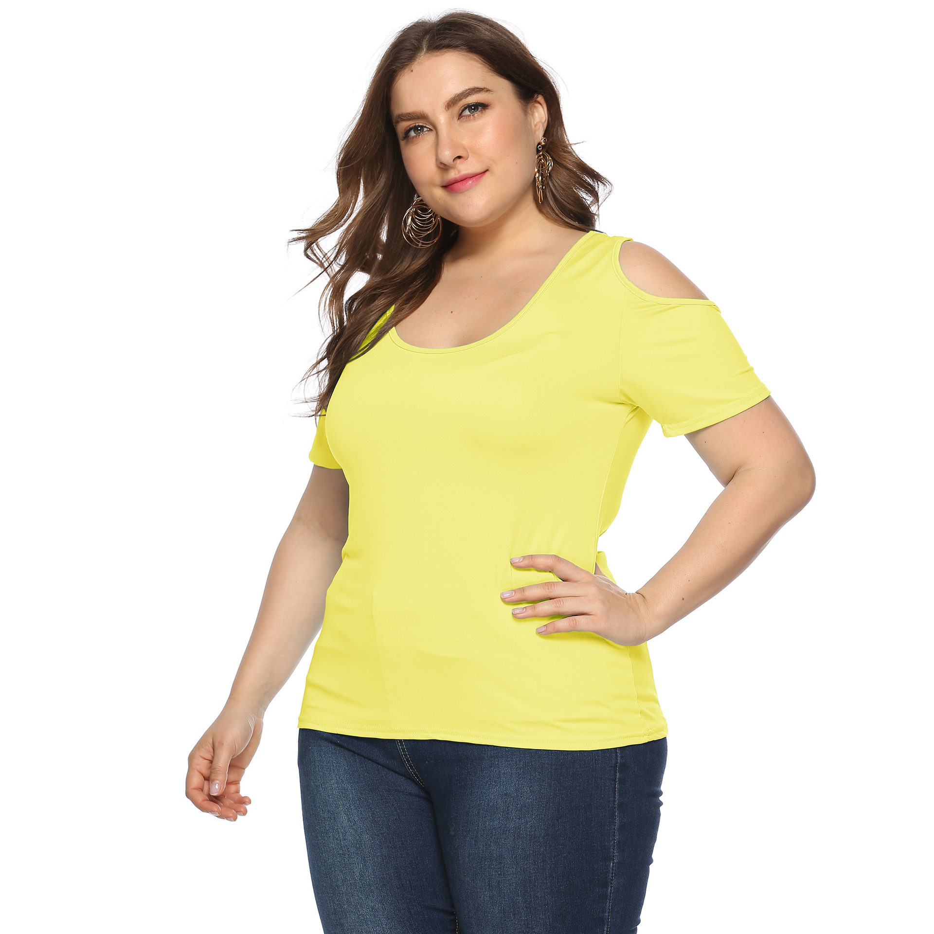 Plus Size Solid Color Simple Round Neck Strapless Short Sleeve T-Shirt NSOY27389