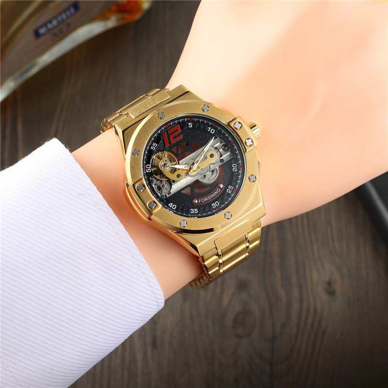 Forsining Fusini correa de acero de los hombres casual reloj mecánico automático transparente inferior hueco motocicleta reloj 897