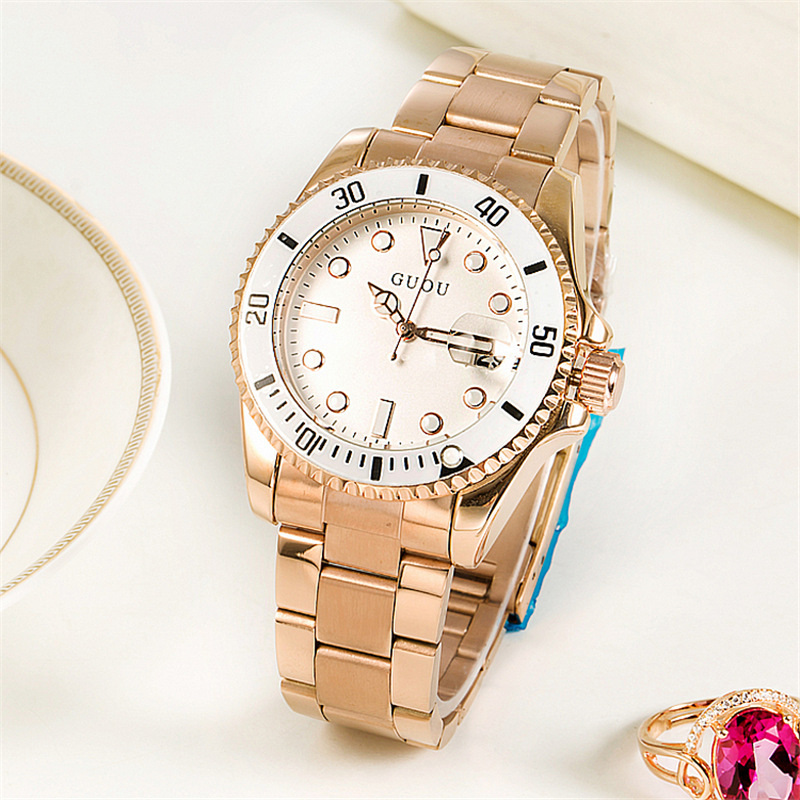 Guou guou nuevo reloj de mujer casual al por mayor correa de acero de cuarzo impermeable calendario tendencia reloj 8077