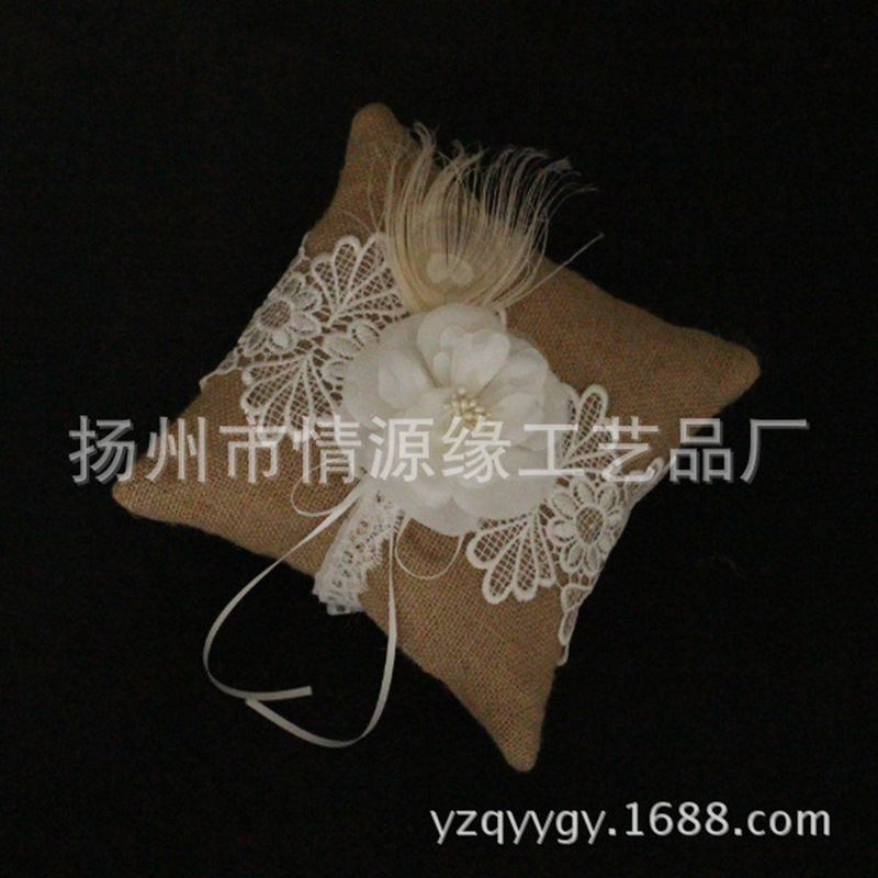 速卖通麻布花朵15*15新娘戒枕抱枕西式戒枕婚庆回礼情人节礼物