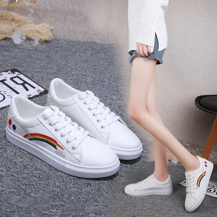 New Small White Shoes Flat Bottom Adhesive Lace Up Single Shoes Korean Rainbow Board Shoes Casual Shoes Wholesale  Lady ShoesPromotion Of Student Women's Shoes