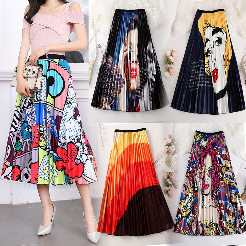 New Type Skirt Women's Dress  Elastic Waist Pleated Skirt Printed Medium Length Half Skirt Pleated Large Swing A-line Skirt