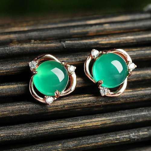 Korean style diamond zircon chrysoprase earrings for women retro green agate flower shaped earrings simple fashionable sweet ear jewelry