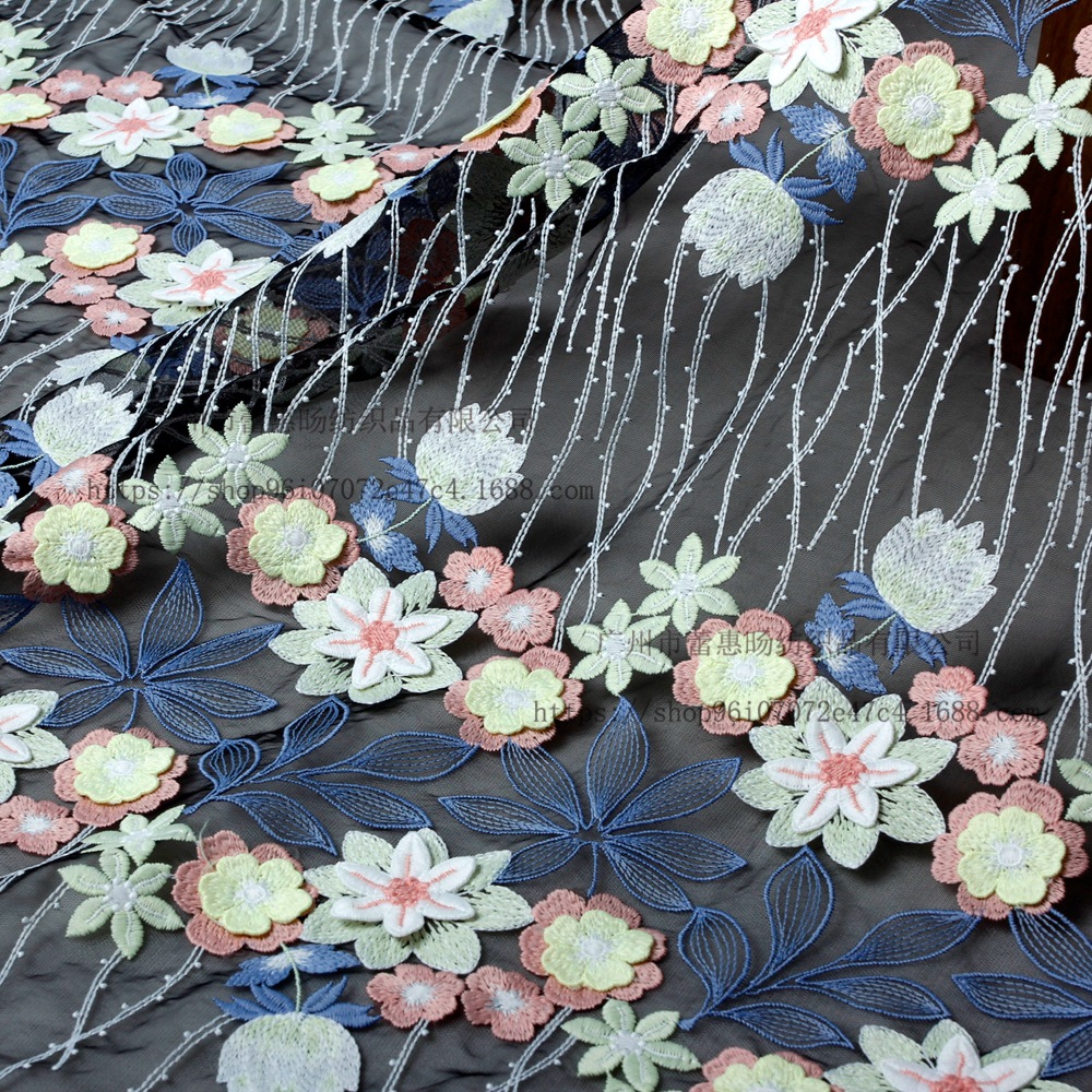 色线绣花蕾丝布 网纱刺绣婚纱礼服面料 舞台服装定制服装辅料