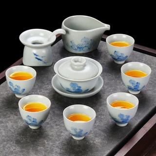 汝窑功夫茶具套装家用陶瓷开片可养简约纯手绘盖碗茶壶茶杯整套