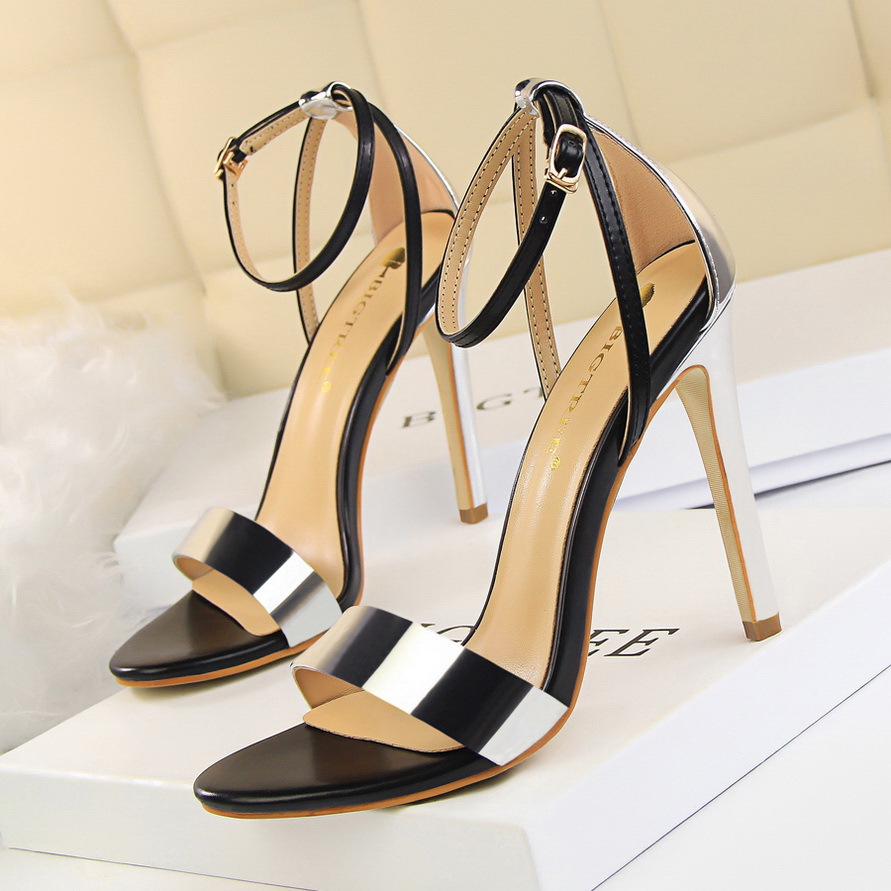 Big Tree European And American Fashion Sexy Nightclub Stiletto Super High-heel Hollow Color Matching Word With Open Toe Hollow Female Sandals